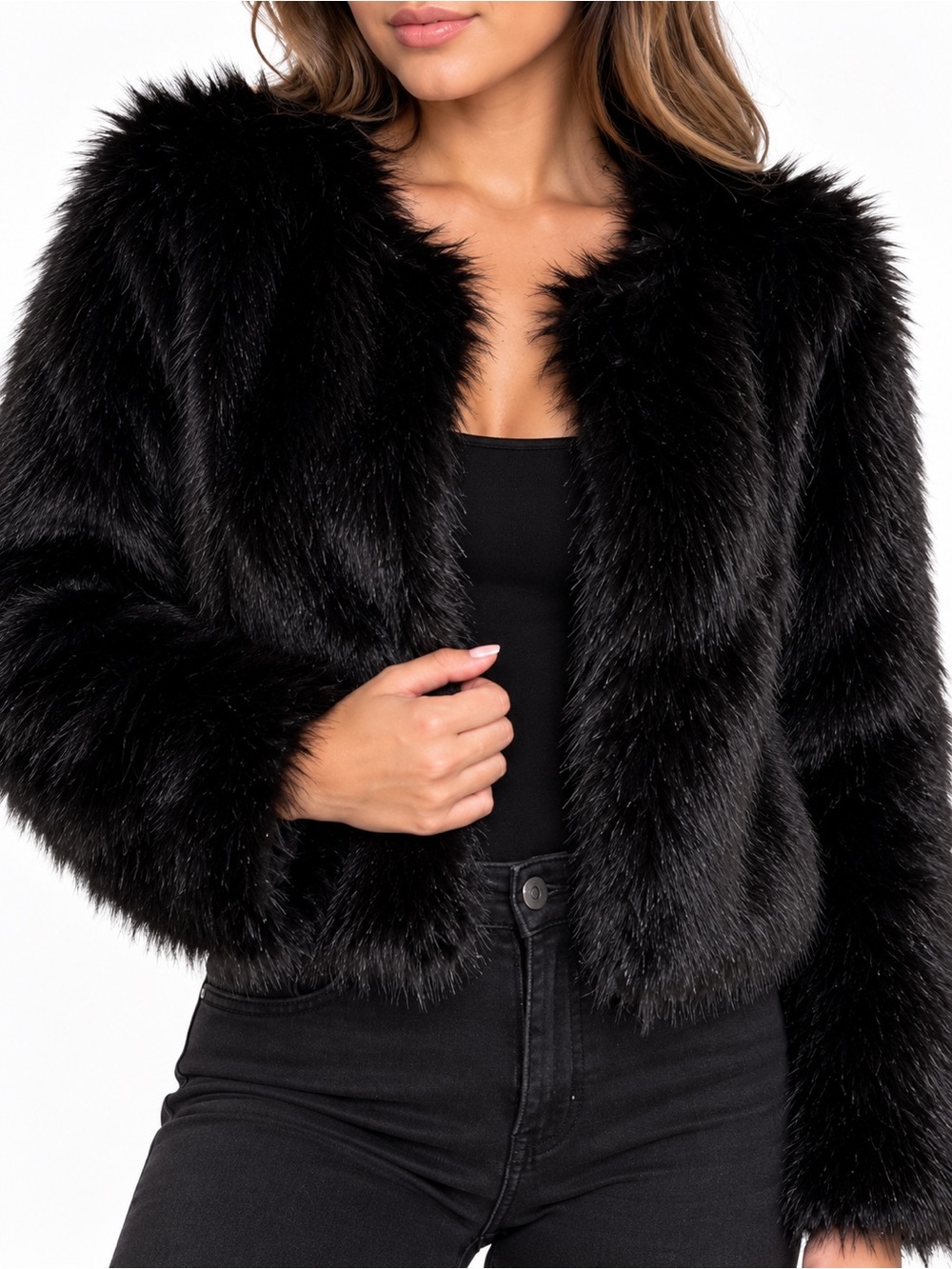 Timing Black Faux Fur Cropped Teddy Jacket